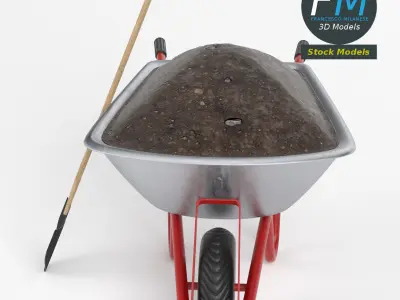 Wheelbarrow with soil and shovel 3D model