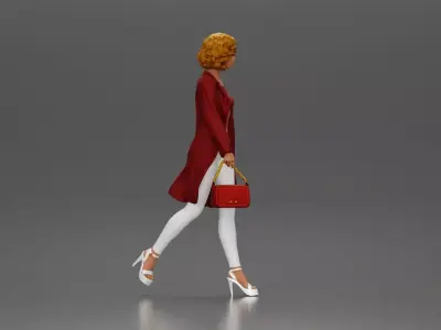 Woman with curly hair wearing red coat walking holding handbag 3D print model