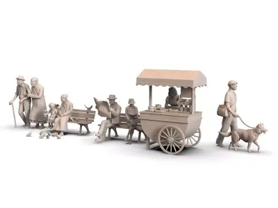  Street Scene  People Bench Vendor Cart for 3D Printing Diorama 3D print model