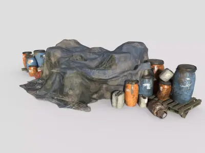 Old Industrial Barrels With Tarp 3D model