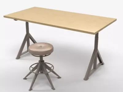 Modern Wooden Desk with Adjustable Stool 3D model