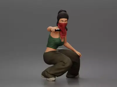 Masked woman crouches aiming pistol wearing crop pants sneakers 3D print model