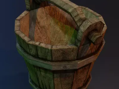 Wooden bucket with metal rings and contamination elements Low-poly 3D model