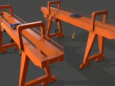 PBR Double Girder Gantry Crane V2 - Orange Low-poly 3D model