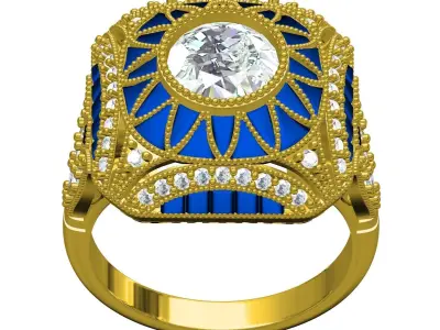 Antique Blue Sapphire Stone Art Deco Inspired Engagement Ring 3D print model