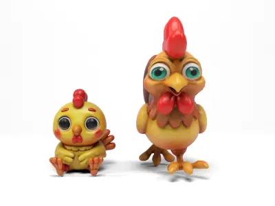 Funny hen and chick Low-poly 3D model