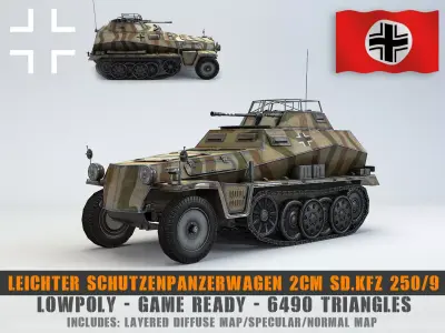 Low Poly  SdKfz 250 9 2cm Leichter Schutzenpanzerwagen Low-poly 3D model