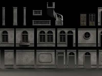 CLASSIC EUROPEAN KITBASH 02 MODULAR BUILDING WITH INTERIOR Low-poly 3D model
