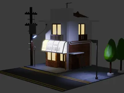 Low Poly Japanese Commercial Apartment 3D model