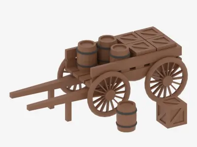Lowpoly Wooden Cart with Barrel and Crate Low-poly 3D model