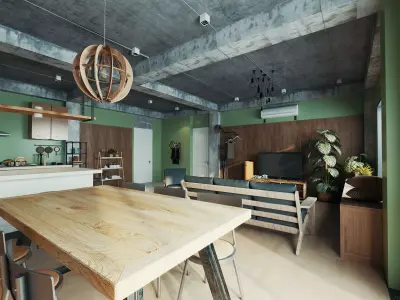 Modern Industrial Loft Living Room And Kitchen Scene 3D model