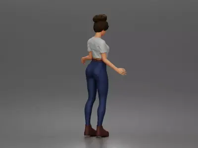 young woman standing pose in t-shirt jeans boots outfit 3D print model