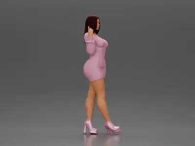 Elegant fashion model in pink mini dress and heels posing 3D print model
