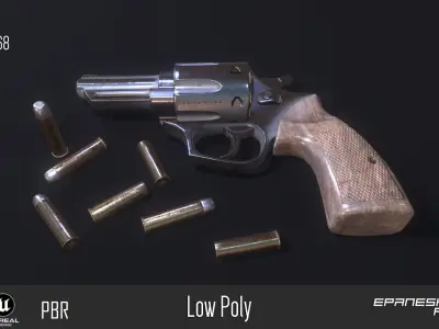 PBR Gun revolver with bullets Low-poly 3D model