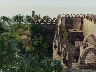 Castle old stone gate in middle of grassy area Low-poly 3D model