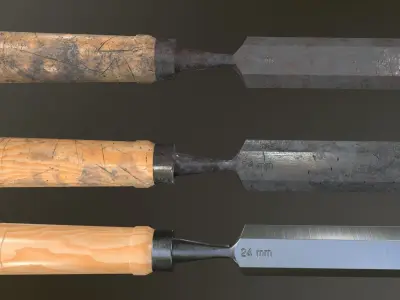 Chisel Low-poly 3D model three woodworking tools Low-poly 3D model