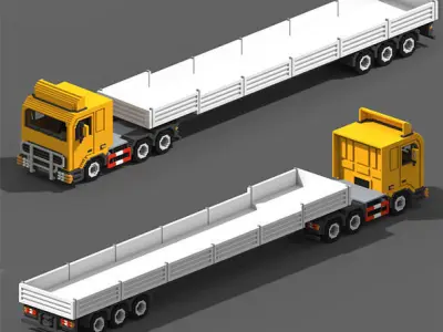 Voxel Truck And Flatbed Trailer Low-poly 3D model