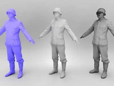 German Wehrmacht soldier in A-pose 374 Low-poly 3D model