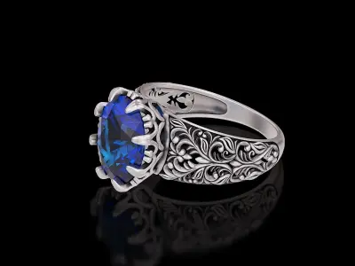 Oval stone antique filigree crown gold silver ring 3D print model