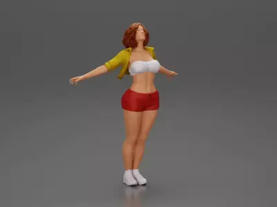Auburn haired woman twirls with arms outstretched embracing 3D print model