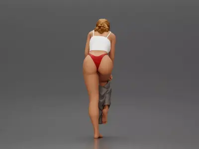 Woman in white top carefully wearing grey pants with balance 3D print model