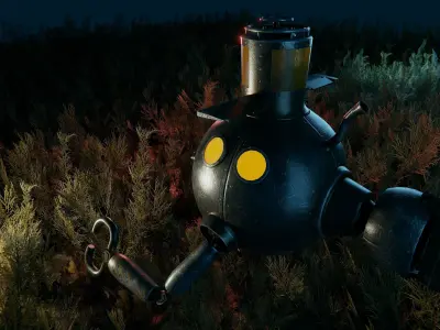 Submarine robot in tall grass at night Low-poly 3D model