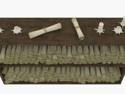 Old shelf with scrolls and candles 3D model