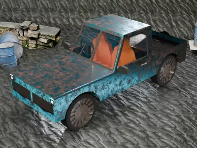 Stylized Low-Poly Rusty Pickup Truck - Fully Procedural Material Low-poly 3D model