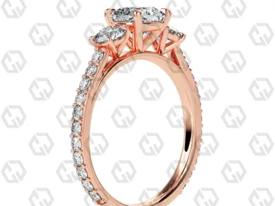 Ring 122 Cushion cathedral pave set shank 3 stone ring 3D print model