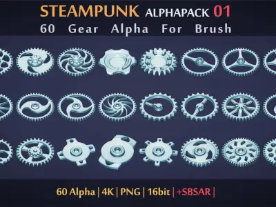 SteamPunk Alpha Pack 01 - 60 Gear Brush - 4k PNG 16bit - SBSAR Texture