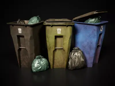 Old Rusted Trash Bins and Bags Low-poly 3D model