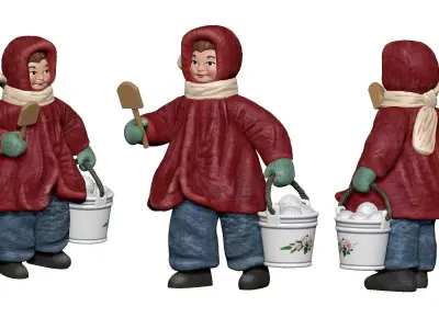 001366 girl in crimson coat with shovel and bucket 3D model
