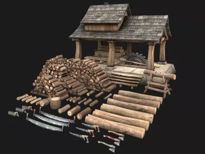 Sawmill and Lumberjack Set Low-poly 3D model