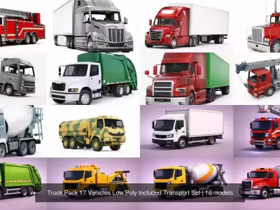 Truck Pack 17 Vehicles Low Poly Included Transport Set