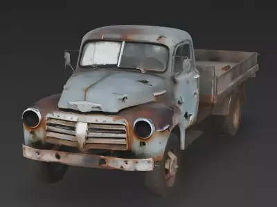 A Realistic Wrecked 1950s Rural Flatbed Truck 3D Model Low-poly 3D model