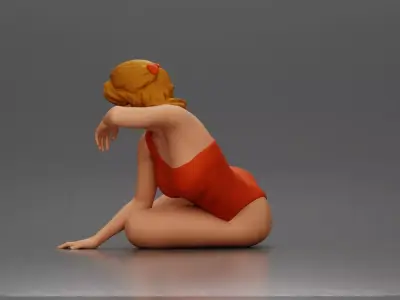 attractive woman in red swimsuit resting calmly on the beach 3D print model