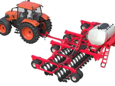 Kubota M130X1 Tractor and Seed Drill Low-poly 3D model