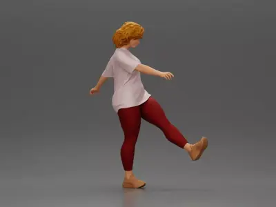 Woman in casual outfit joyfully kicks her leg with energy 3D print model