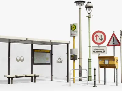  Berlin Street Elements Collection - typical German Bus Stop Street Lights Post Box and Signs 
