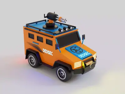 lowpoly car orange toy vehicle with gun on top Free low-poly 3D model