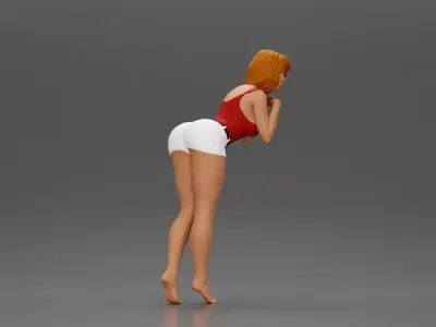 Confident Girl in Red Top and White Shorts Posing Playfully 3D print model