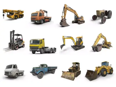 Collection of heavy and industrial vehicles Low-poly 3D model