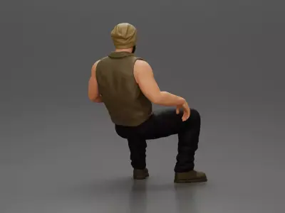 Muscular Bearded Man in Beanie Vest Pants Sitting Casually 3D print model
