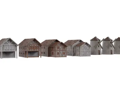 Low Poly Medieval House and Windmill Low-poly 3D model