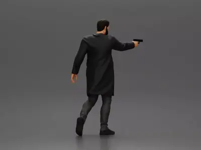 Man in Black Coat Aiming a Gun with Confident Stance 3D print model