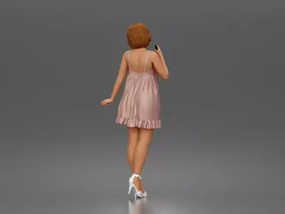 Chic woman chatting on phone wearing flowy mini dress and heels 3D print model