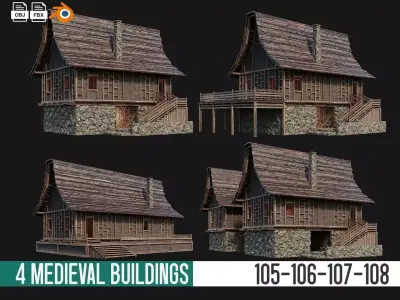4 Old Medieval House Buildings Pack 4K GameReady 105 to 108 Low-poly 3D model