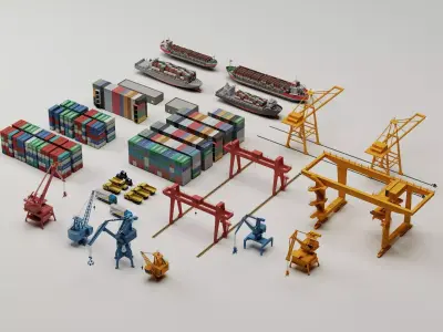 Port Logistics Container Terminal Cargo Ship Crane Asset Pack 3D model