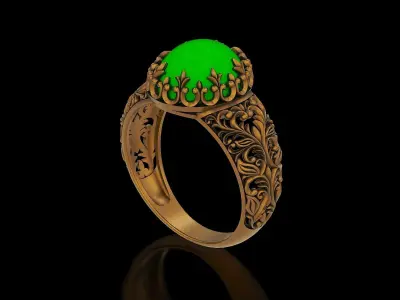 Oval stone antique filigree crown gold silver ring V2 3D print model