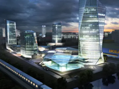 modernArchitecture futuristic city with tall buildings and train 3D model
